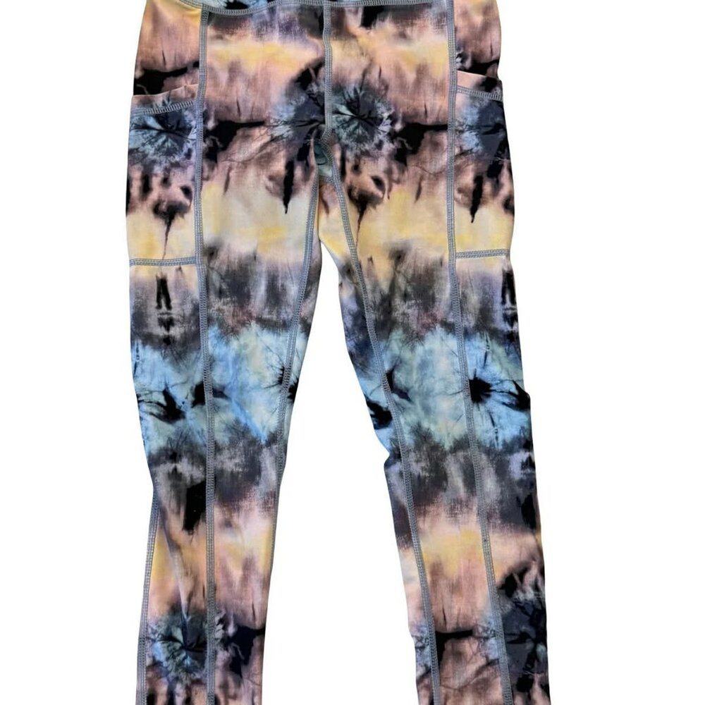 2/20 INFINITE PERFORMANCE LEGGING in pastel tie dye print, SIZE MEDIUM pockets